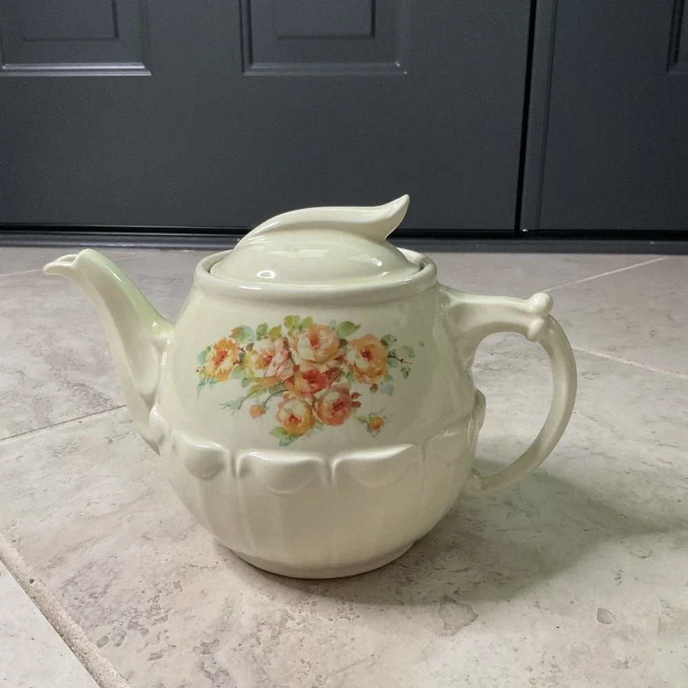 Vintage Enterprise Aluminum Co Drip-O-lator Ceramic Teapot Rose Floral Cream
